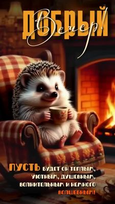 Открытка «Пожелание»: Добрый вечер: Уютный еж у камина. Тэги: животное, чай, красивый, уютный, отдых, душевный, кружка…