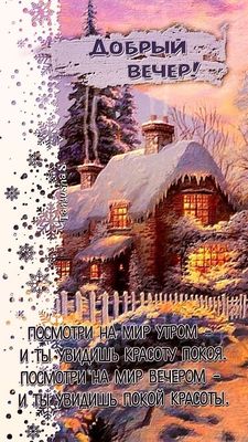 Открытка «Зима»: Добрый вечер: спокойный зимний пейзаж и стих про красоту. Тэги: стих, красивый, елка, снег, природа…