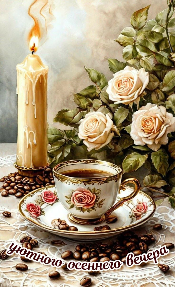 Открытка «Пожелание»: Открытки с добрым вечером: кофе и свечи. Тэги: кофе, осень, день, чашка, теплый, красивый, роза…