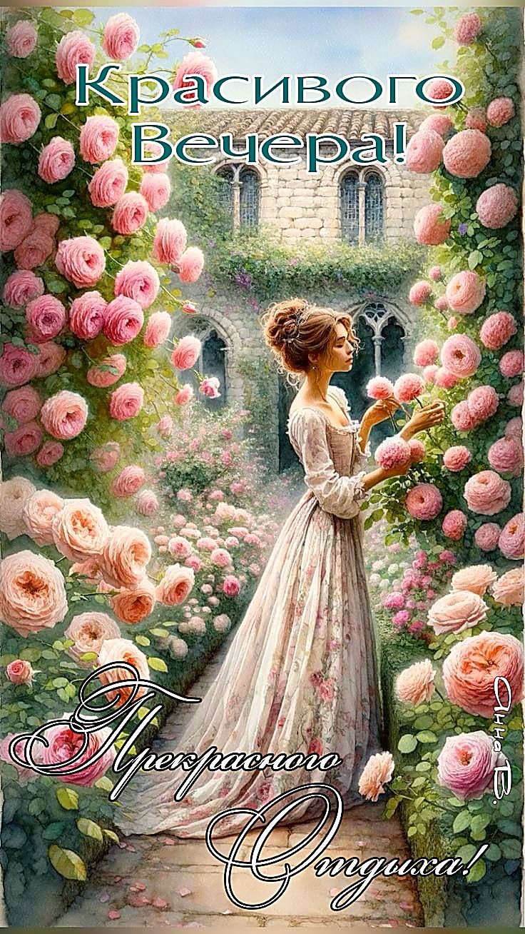 Открытка «Джульетта»: Добрый вечер: «Прекрасная Джульетта» среди роз. Тэги: Добрый вечер и пожелания, Добрый вечер кр…