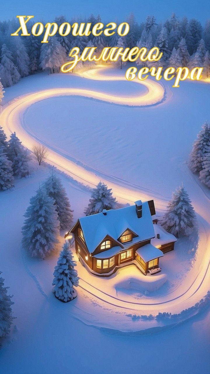 Открытка «Добрый вечер и пожелания»: Добрый вечер: «Уютный зимний домик с сердцем». Тэги: Добрый зимний вечер, Добрый…