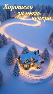 Открытка «Добрый вечер и пожелания»: Добрый вечер: «Уютный зимний домик с сердцем». Тэги: Добрый зимний вечер, Добрый…