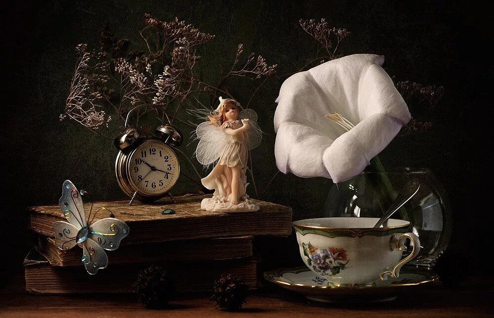 Открытка «Старинный»: Добрый вечер: волшебная открытка с чашкой чая и ангелочком. Тэги: Добрый вечер и пожелания…