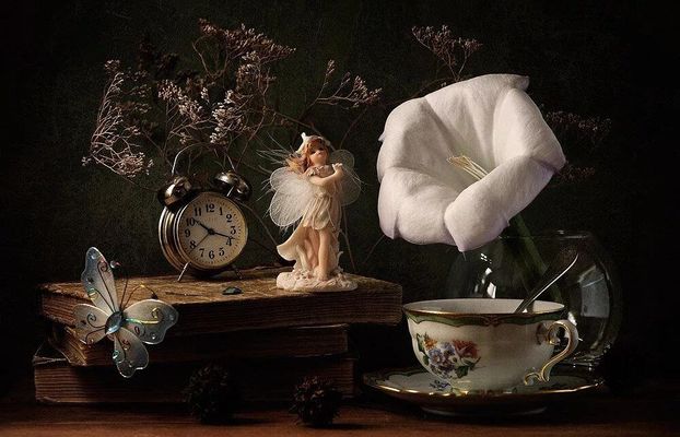 Открытка «Старинный»: Добрый вечер: волшебная открытка с чашкой чая и ангелочком. Тэги: Добрый вечер и пожелания…