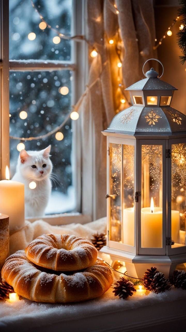 Открытка «Добрый зимний вечер»: Теплый зимний вечер с милым котом и выпечкой. Тэги: Добрый вечер красивые, Добрый веч…