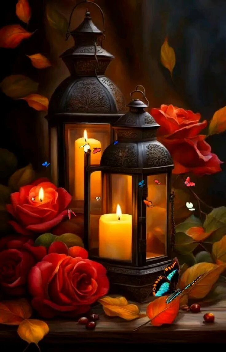 Открытка «Добрый вечер и пожелания»: Добрый вечер: Уютные свечи и красные розы. Тэги: Добрый вечер красивые, Добрый в…