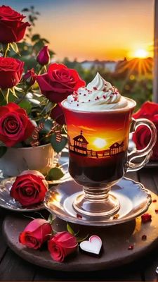 Открытка «Добрый вечер и пожелания»: Добрый вечер: романтическая открытка с розами и кофе. Тэги: Добрый вечер красивые…