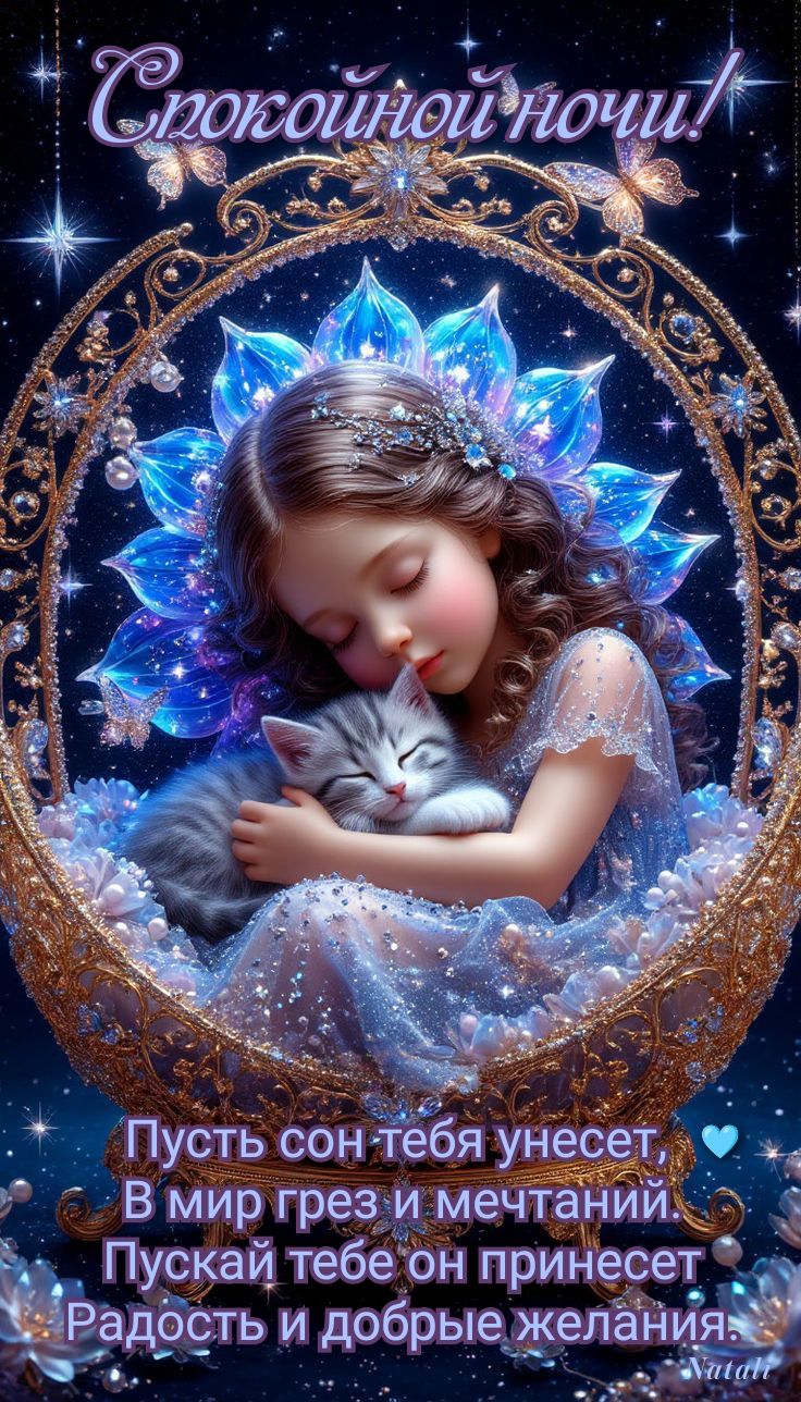 Открытка «Спокойной ночи»: Спокойной ночи: милое пожелание с девочкой и котенком. Тэги: Спокойной ночи, красивые…