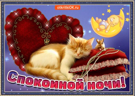 Открытка «Спокойной ночи»: Спокойной ночи: спящий кот и зайчик на луне. Тэги: Спокойной ночи, красивые, Спокойной ночи…