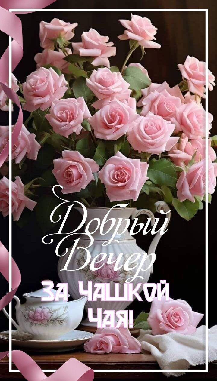 Открытка «Добрый вечер и пожелания»: Добрый вечер: «Нежный букет роз и чашка чая». Тэги: Добрый вечер красивые…