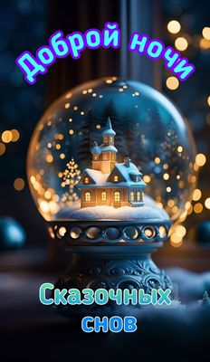 Открытка «Доброй ночи»: Доброй ночи: Сказочный снежный шар с уютным домиком.