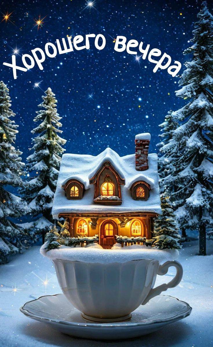 Открытка «Добрый вечер и пожелания»: Добрый вечер: уютный зимний домик в чашке ароматного чая. Тэги: Добрый зимний ве…