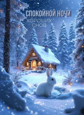 Открытка «Спокойной ночи»: Спокойной ночи: Уютная избушка в заснеженном лесу. Тэги: Спокойной ночи, с пожеланиями…