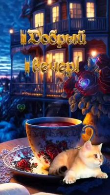Открытка «Добрый вечер и пожелания»: Добрый вечер: уютная открытка с чашкой чая и котом. Тэги: Добрый вечер красивые…