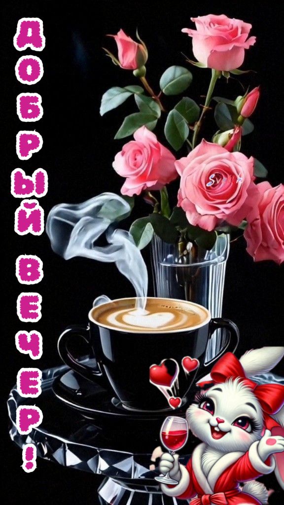 Открытка «Пожелание»: Добрый вечер: Розы, кофе и милый зайка. Тэги: настроение, кофе, сердце, милый, чашка, красивый…