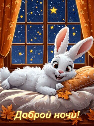 Открытка «Доброй ночи»: Доброй ночи: Милый зайчик и звездное небо.