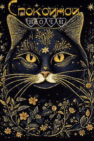 Открытка «Спокойной ночи»: Спокойной ночи: загадочный кот со звездами. Тэги: Спокойной ночи, красивые, Спокойной ночи…