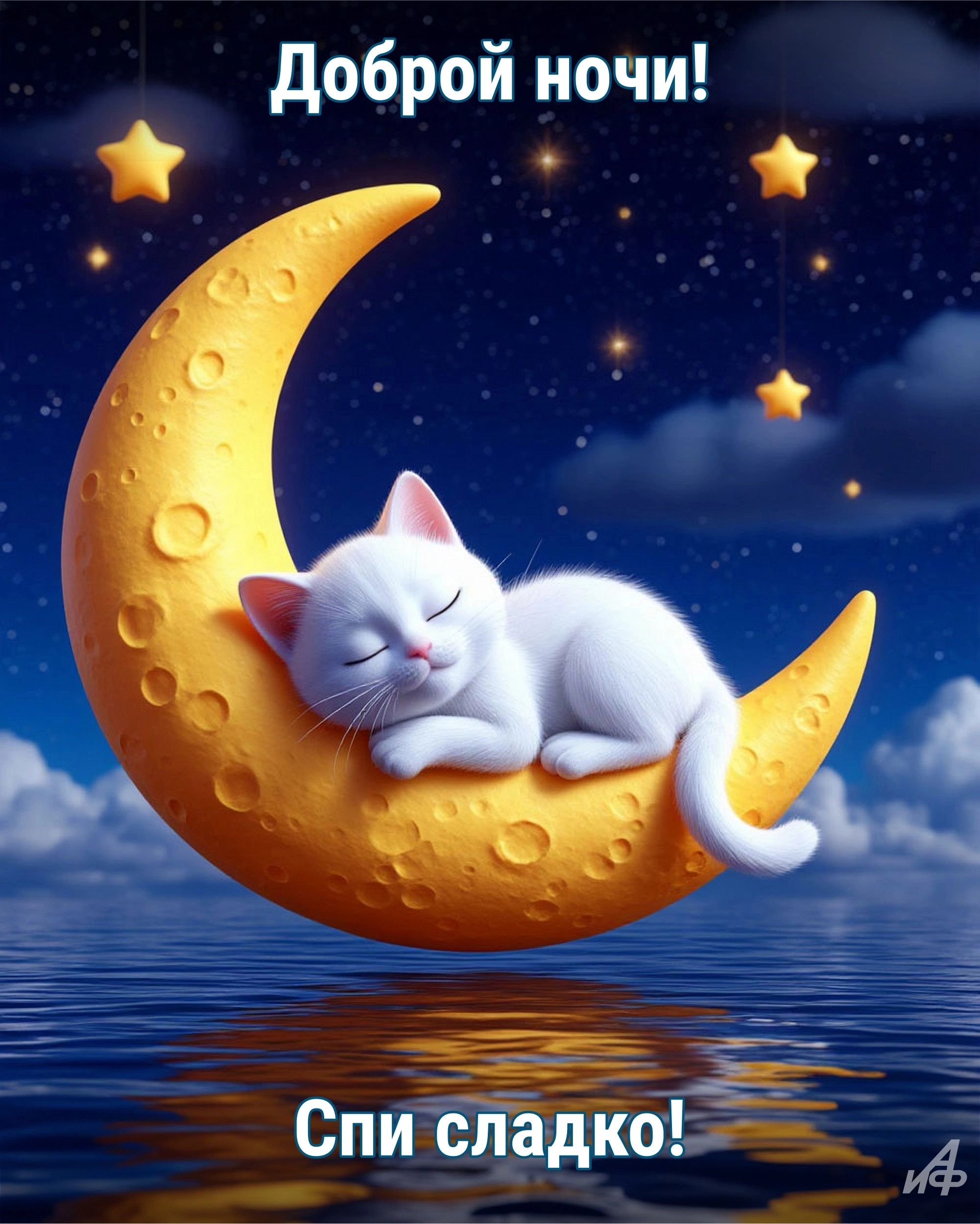 Открытка «Доброй ночи»: Доброй ночи: белый кот спит на луне, сладких снов.