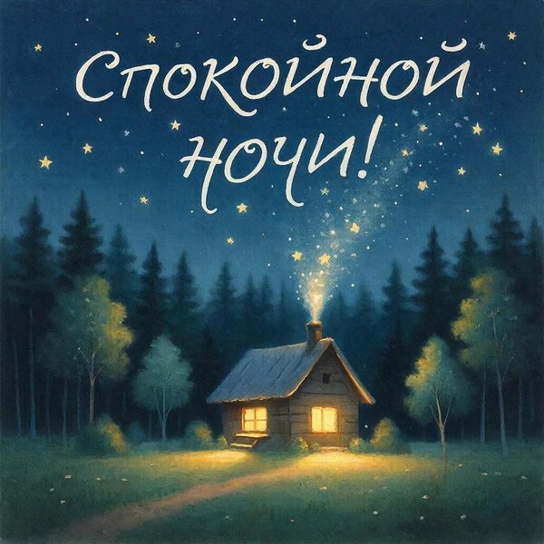 Открытка «Спокойной ночи»: Спокойной ночи: волшебный домик в ночном лесу. Тэги: Спокойной ночи, красивые, Спокойной н…