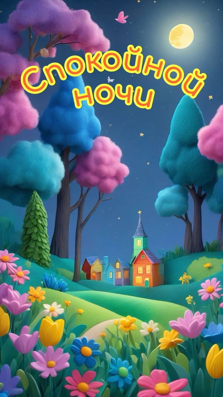 Открытка «Спокойной ночи»: Спокойной ночи: сказочный пейзаж с цветами. Тэги: Спокойной ночи, красивые, Спокойной ночи…