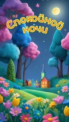 Открытка «Спокойной ночи»: Спокойной ночи: сказочный пейзаж с цветами. Тэги: Спокойной ночи, красивые, Спокойной ночи…