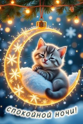 Открытка «Спокойной ночи»: Спокойной ночи: милый котенок на светящемся месяце. Тэги: Спокойной ночи, красивые, Спокой…