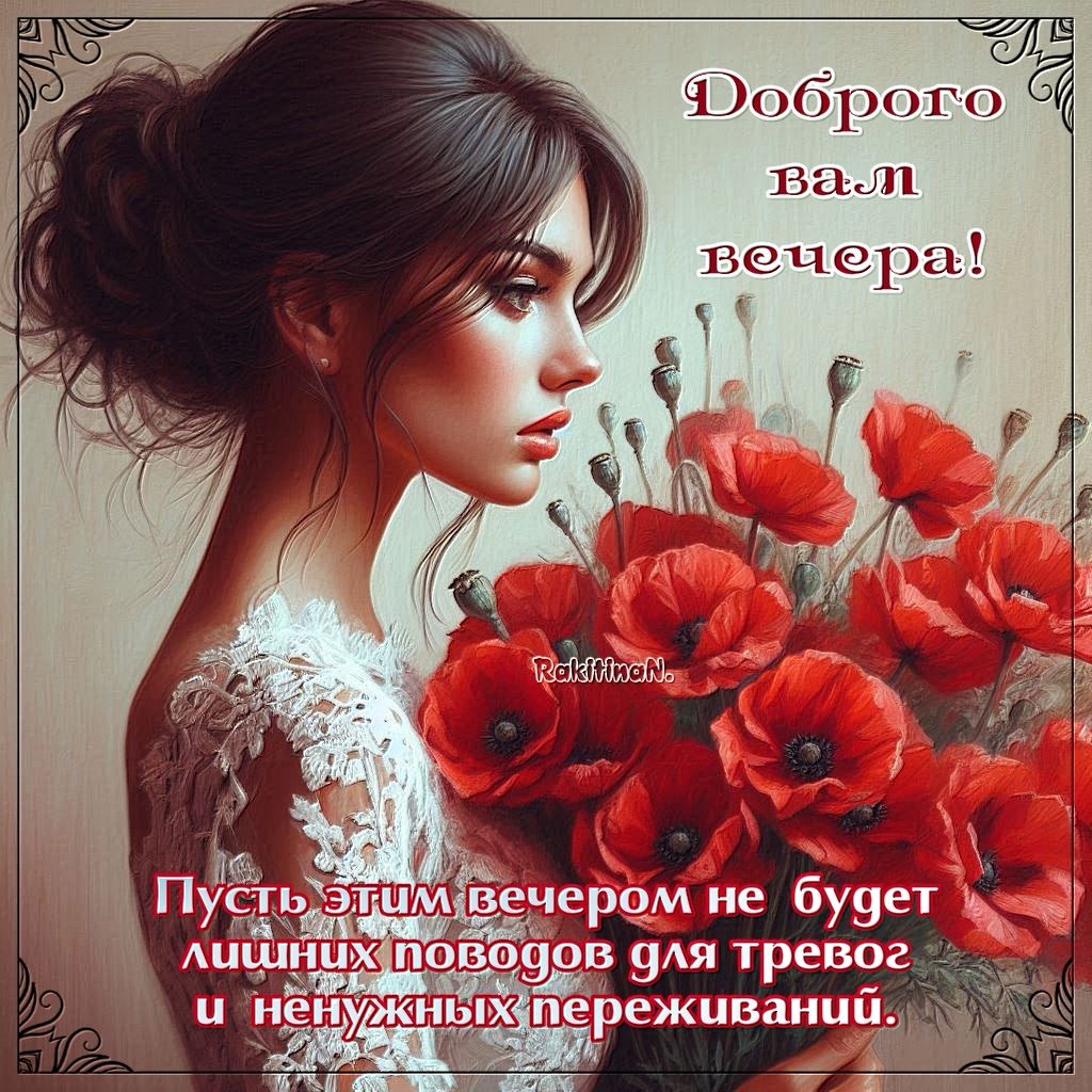 Открытка «Проза»: Доброго вечера: открытка с девушкой и маками. Тэги: Добрый вечер и пожелания, Добрый вечер красивые…