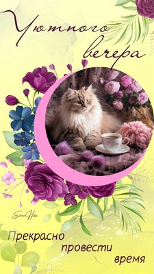 Открытка «Добрый вечер и пожелания»: Добрый вечер: «Уютный кот с чашкой чая» среди цветов. Тэги: Добрый вечер красивые…