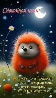 Открытка «Спокойной ночи»: Спокойной ночи: Милый ежик желает сладкого сна. Тэги: Спокойной ночи, с пожеланиями…
