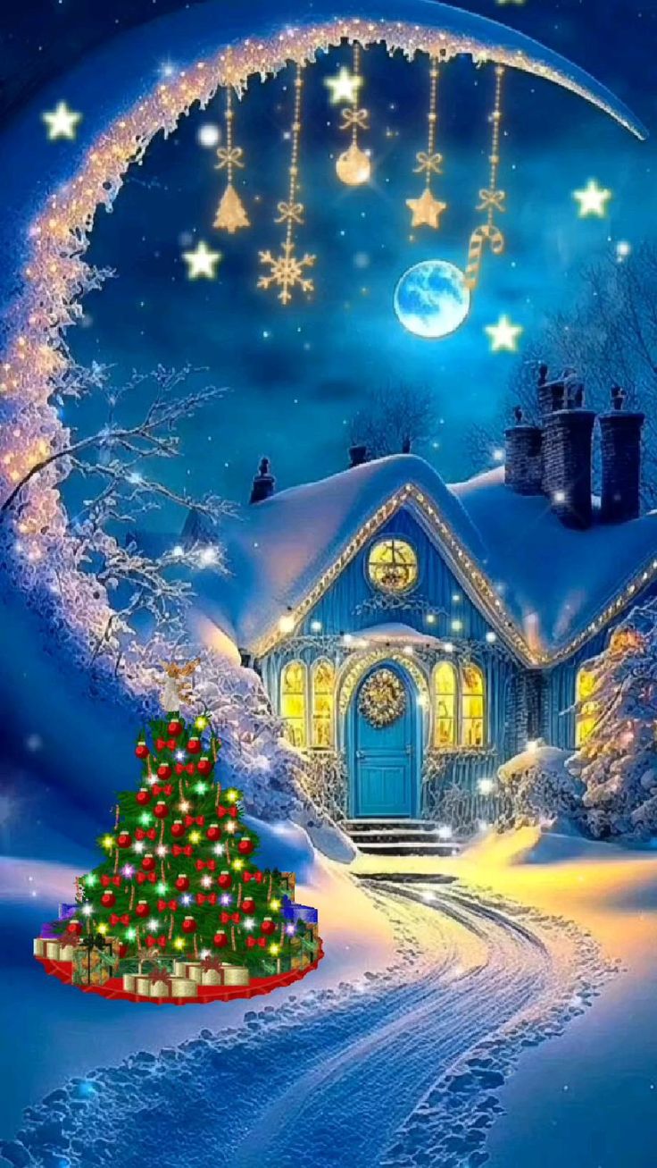 Открытка «Доброй ночи»: Доброй ночи: Волшебный зимний домик под луной.