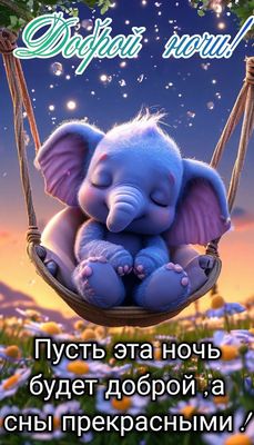 Открытка «Доброй ночи»: Доброй ночи: милый слоненок в гамаке.