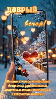 Открытка «Добрый вечер и пожелания»: Добрый вечер: Открытка с горящим сердцем в снегу. Тэги: Добрый зимний вечер…