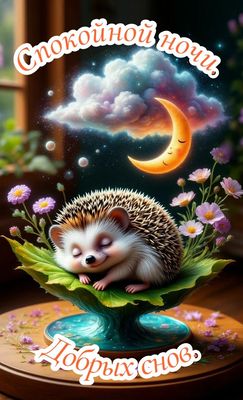 Открытка «Спокойной ночи»: Спокойной ночи: Ежик и сонная луна. Тэги: Спокойной ночи, красивые, Спокойной ночи, с поже…