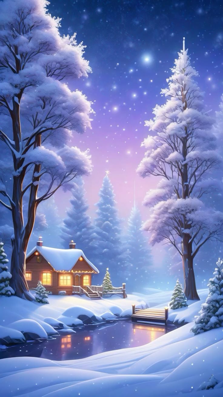 Открытка «Доброй ночи»: Доброй ночи: Волшебный зимний пейзаж с домиком.