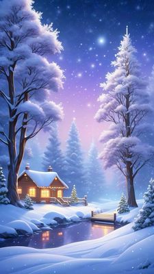 Открытка «Доброй ночи»: Доброй ночи: Волшебный зимний пейзаж с домиком.