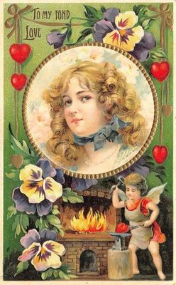 Открытка «Добрый день»: Старинное поздравление с цветами и купидоном. Тэги: старинный, Добрый день и добрые пожелания…