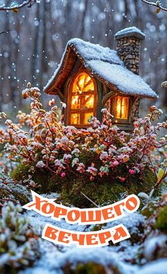Открытка «Добрый вечер и пожелания»: Доброго вечера: Сказочный зимний домик в снегу. Тэги: Добрый зимний вечер…
