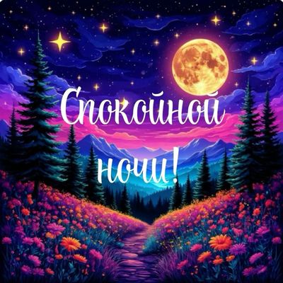 Открытка «Спокойной ночи»: Спокойной ночи: волшебный пейзаж с луной и цветами. Тэги: Спокойной ночи, красивые, Спокой…