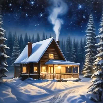 Открытка «Доброй ночи»: Доброй ночи: уютный домик в заснеженном лесу.