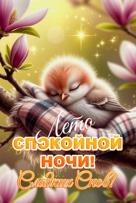 Открытка «Спокойной ночи»: Спокойной ночи: милый птенец среди магнолий. Тэги: Спокойной ночи, красивые, Спокойной ночи…