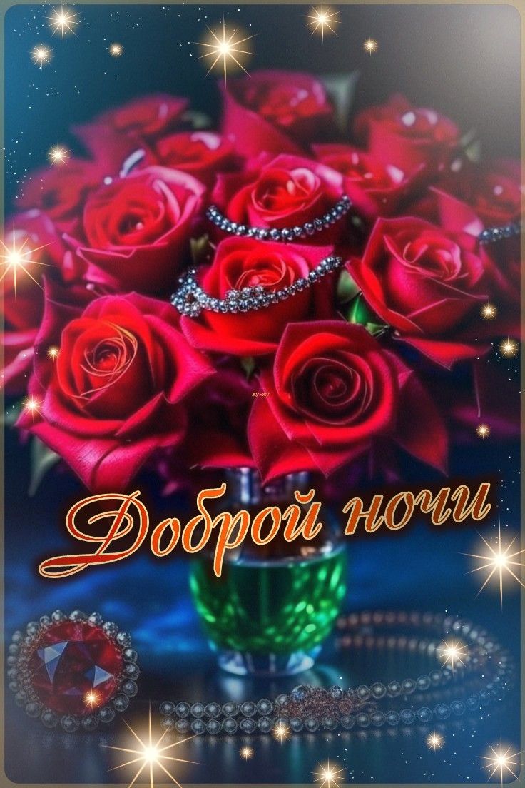 Открытка «Доброй ночи»: Доброй ночи: букет красных роз с бриллиантами.
