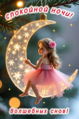 Открытка «Доброй ночи»: Доброй ночи: милая маленькая фея на сияющем полумесяце.