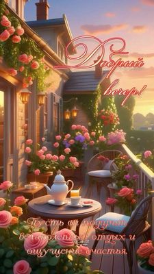 Открытка «Проза»: Добрый вечер: «Уютная терраса с чаем и цветами». Тэги: Добрый вечер и пожелания, Добрый вечер краси…
