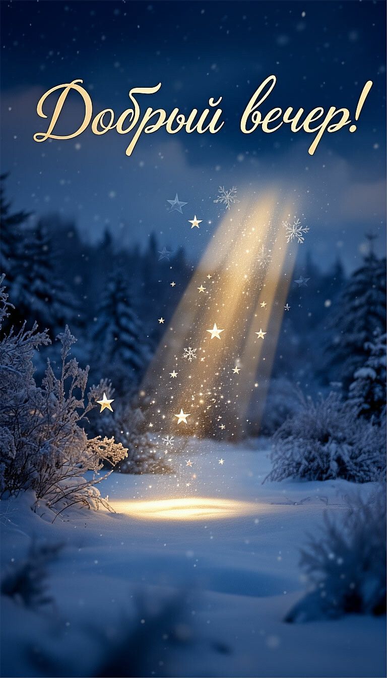 Открытка «Добрый вечер и пожелания»: Добрый вечер: Сказочный зимний лес с сиянием. Тэги: Добрый зимний вечер, Добрый…