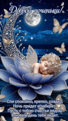 Открытка «Доброй ночи»: Доброй ночи: «Спящая фея на синем цветке».