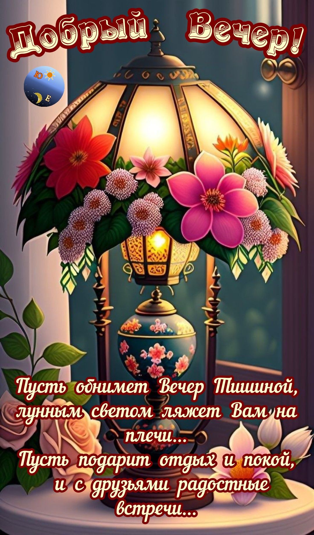 Открытка «Добрый вечер и пожелания»: Добрый вечер: старинный фонарь и цветы. Тэги: Добрый вечер красивые, Доброго веч…