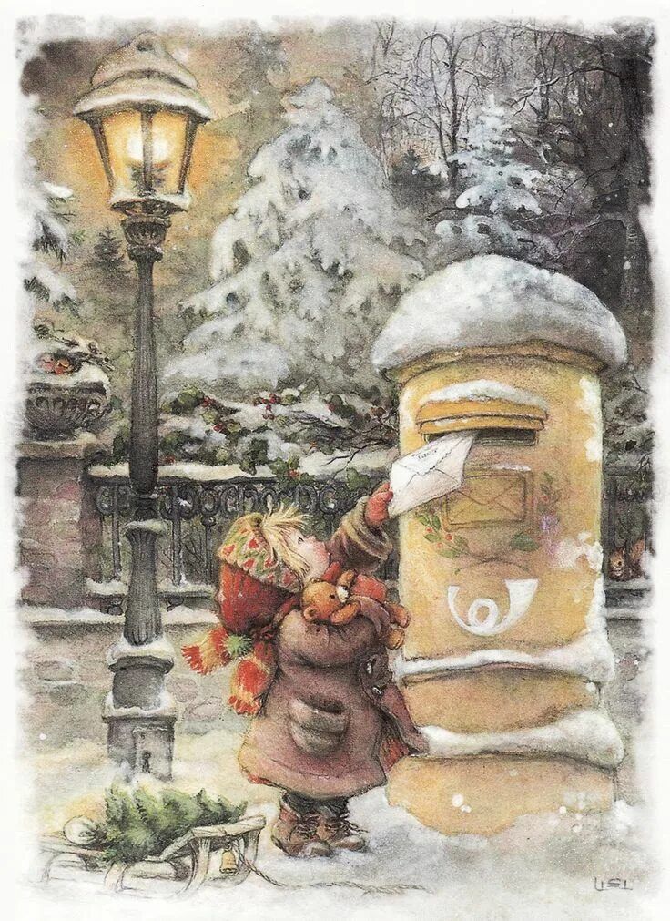 Открытка «Хорошего дня»: Добрый день: Сказочный зимний пейзаж с клоуном у почтового ящика. Тэги: Добрый день, Добрый…