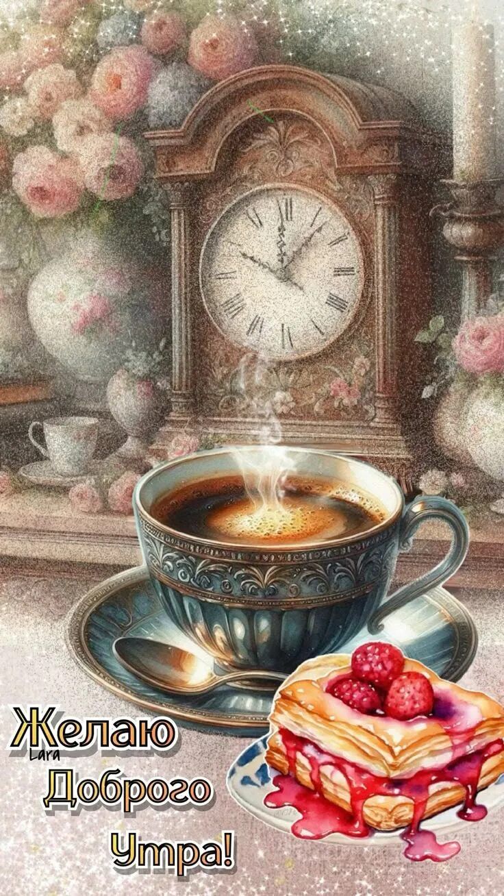 Открытка «С добрым утром»: С добрым утром: «Уютный завтрак с кофе и розами». Тэги: С добрым утром и пожеланиями…