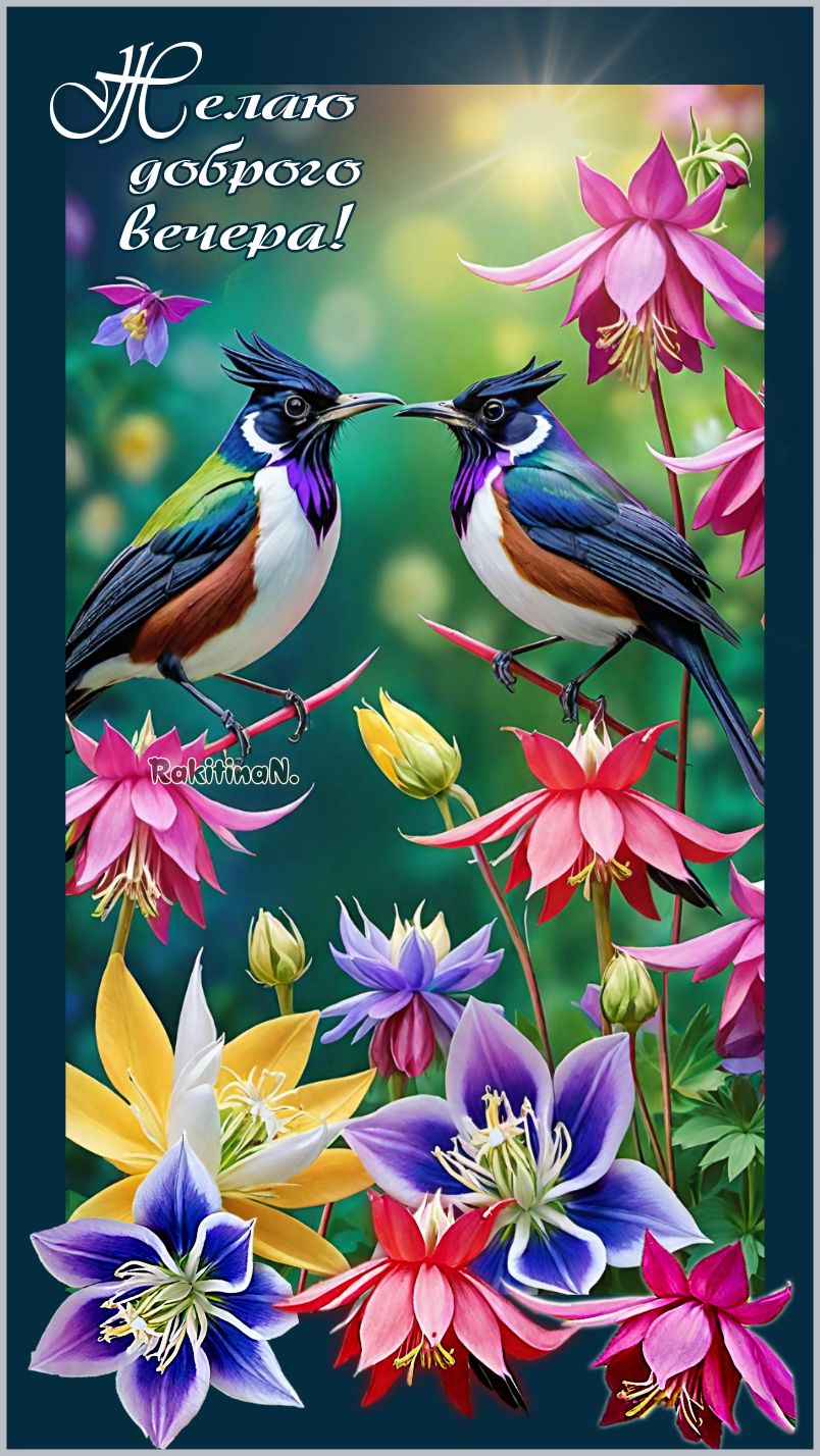 Открытка «Добрый вечер и пожелания»: Добрый вечер: Милые птицы и нежные цветы. Тэги: Добрый вечер красивые, Добрый ве…
