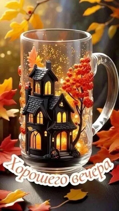 Открытка «Добрый вечер и пожелания»: Добрый вечер: Уютная открытка с домиком в кружке. Тэги: Добрый вечер красивые…